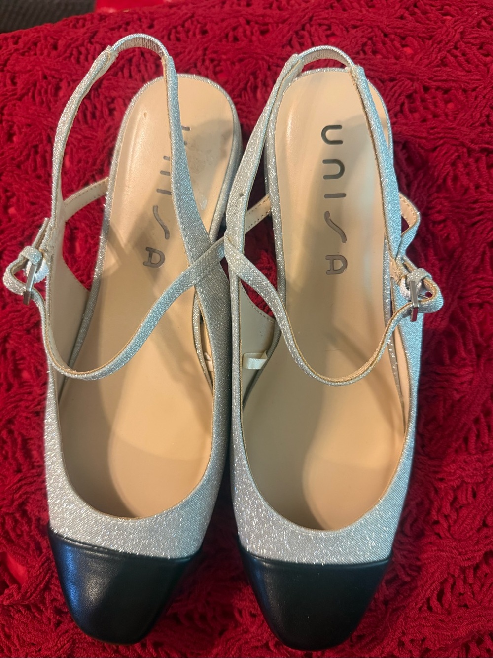 Unisa Silver Glitter Slingback Flats with Black Cap Toe